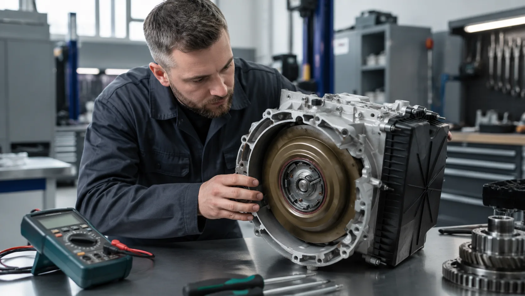 Мастер диагностирует двойное сцепление PowerShift — снятая коробка DCT на стенде